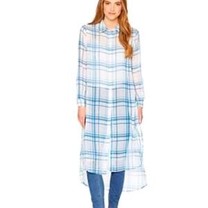 Plaid patch sheer long shirt Coverup square artsy casual resort wear coastal NWT